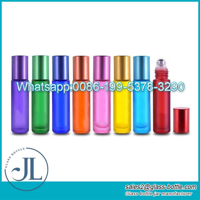 10ml  rainbow color frosted glass roll on bottles with aluminum cap for essential oil perfume