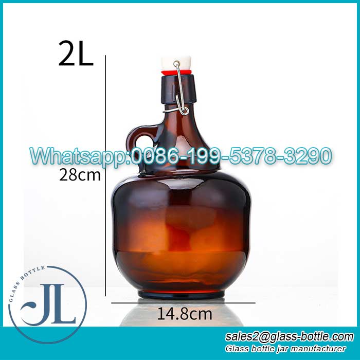2L Factory Supplier Amber Empty California Style Beer Growler Glass Wine Bottle with Swing Top and Handle