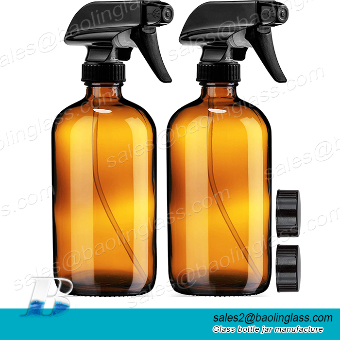 Bouteilles de pulvérisation en verre ambré vides avec étiquettes (2 Pack) 16oz contenant rechargeable Huiles essentielles Produits de nettoyage Aromathérapie – Pulvérisateur à gâchette noir durable