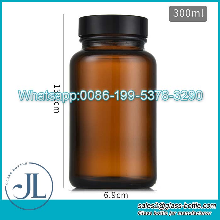 300ml Pill Bottle Packaging Capsule Container Supplements Amber Medical Glass Bottle with cap