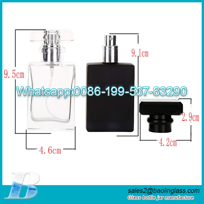 30ml Venta al por mayor Botella de perfume de vidrio vacía Color transparente transparente Color negro Forma cuadrada
