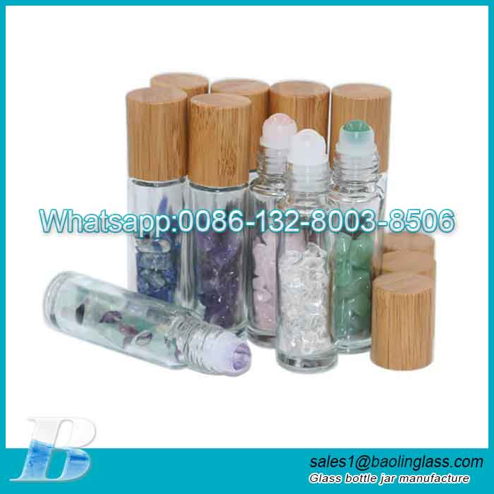 10ml Bottiglie a rullo con pietre preziose in cristallo naturale in vetro trasparente con coperchio in bambù