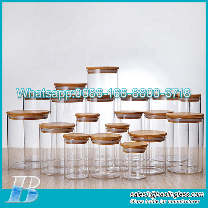 Pot en verre borosilicaté rond transparent scellé avec couvercle en bambou bouteille personnalisée de haute qualité