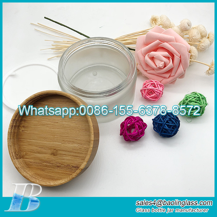 High Quality Frosted Glass Cream Jars Natural Bamboo lids Empty Refillable Cosmetic Container Glass Jar