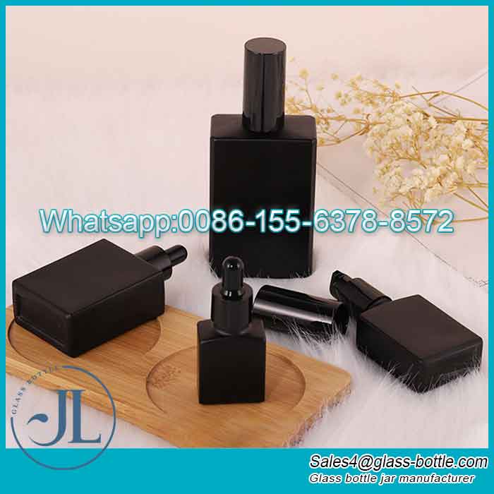 30Bouteille compte-gouttes carrée en verre noir mat, 50ml, pour huile de barbe, cosmétique