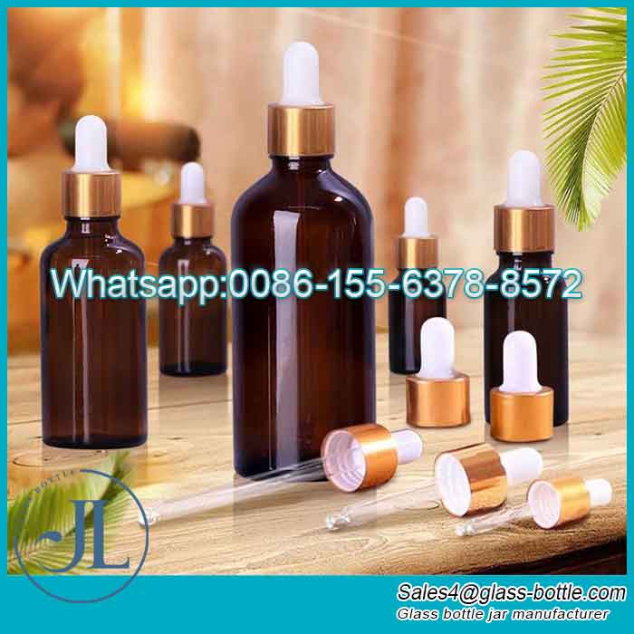 Amber Glass Bottle with golden white Glass Droppers for Essential Oils Serums