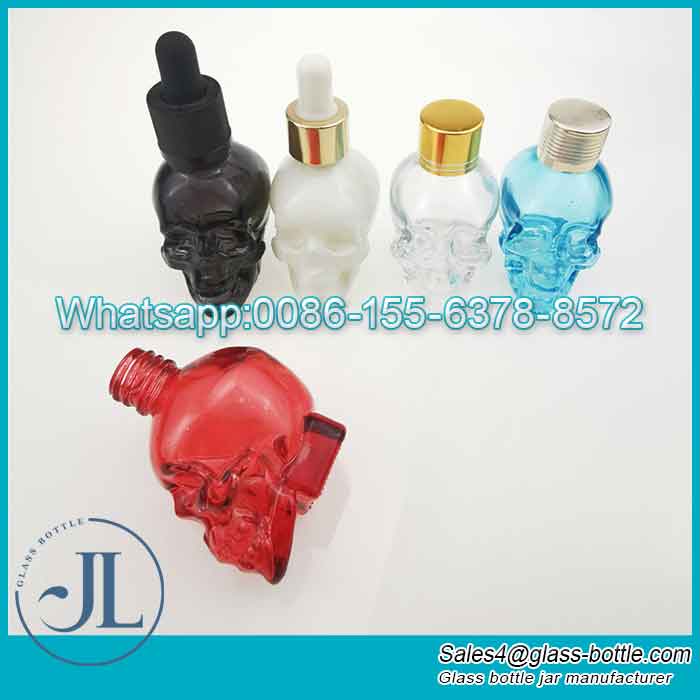 30ml 120 ml kundenspezifische Farb-Tropfflasche für ätherische Öle mit Totenkopfkopf aus Glas