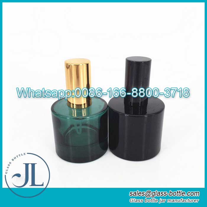 30ml en stock frasco de perfume de vidrio redondo translúcido verde con tapa dorada