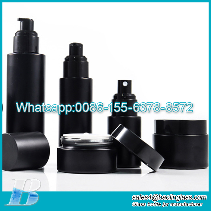 Factory Supply Matte black Glass Cosmetic Skincare Packaging Set