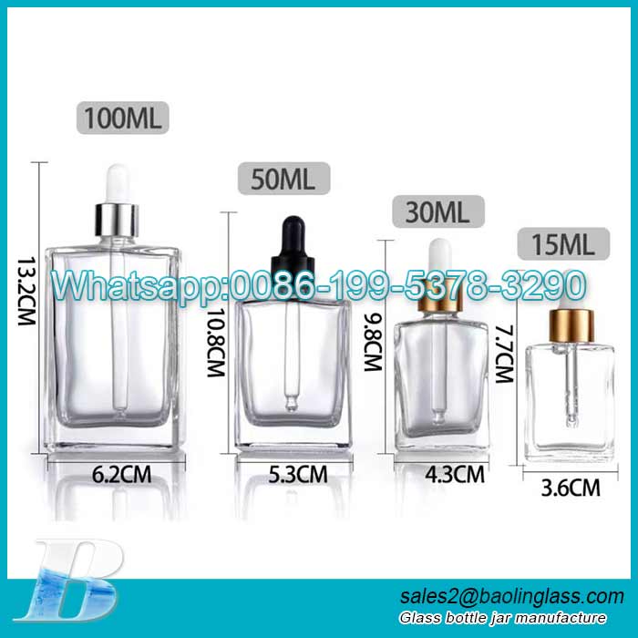 Imballaggio per la cura della pelle in vetro all'ingrosso Quadrato cosmetico da 30 ml personalizza le bottiglie di olio per fumatori di siero di olio essenziale