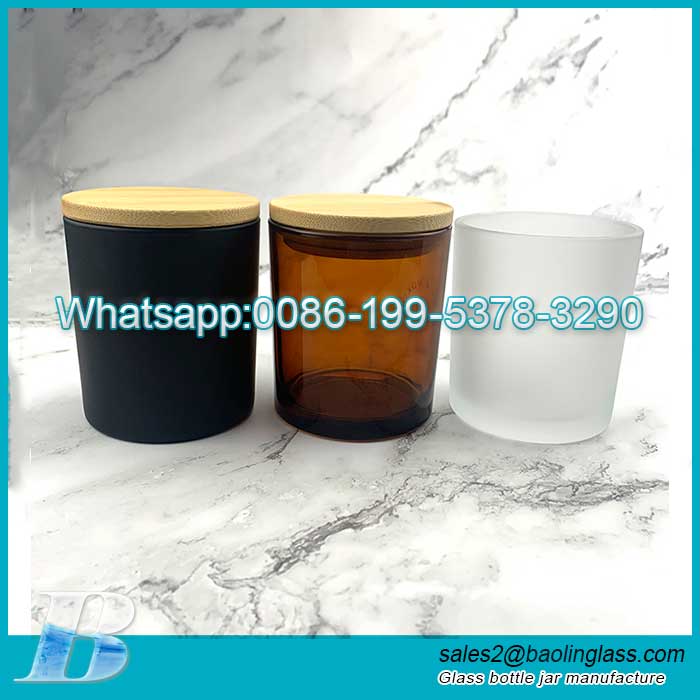 10oz Wholesale colorful frosted black empty glass candle jar with Bamboo Lid