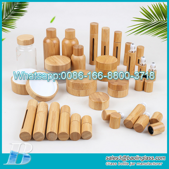 Paquete cosmético de bambú, botella de rodillo, tarro de crema, botella de aceite esencial, botella de grabado de bambú personalizada