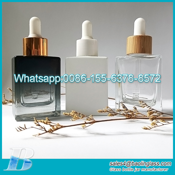 En stock, botella de vidrio con cuentagotas de aceite esencial personalizada cuadrada de 30ml