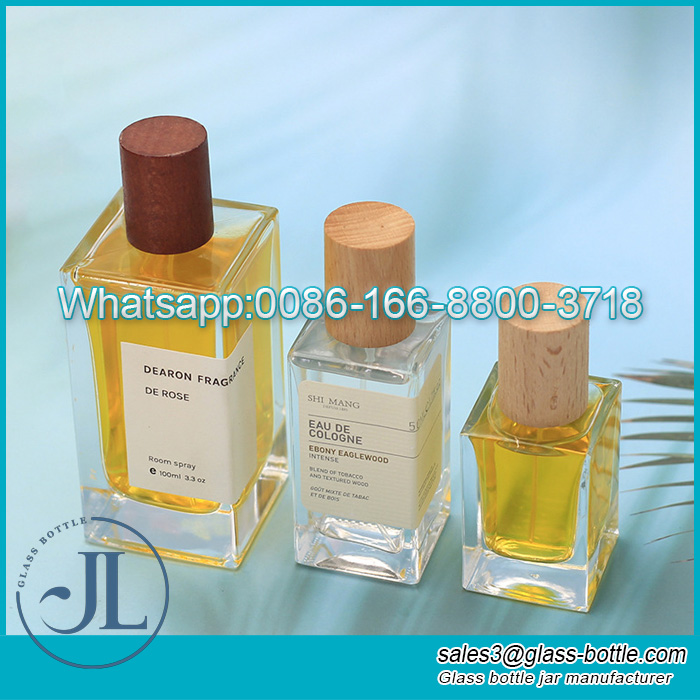 30ml 50ml 100ml custom square label perfume bottle with wooden cap