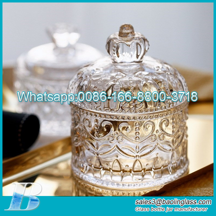 In stock glass decorative bottle candle jar with crown lid