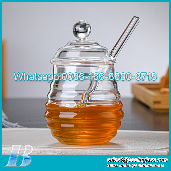 380ml Alta ondulazione borosilicato home Cucina vasetto in vetro miele fatto a mano con agitatore