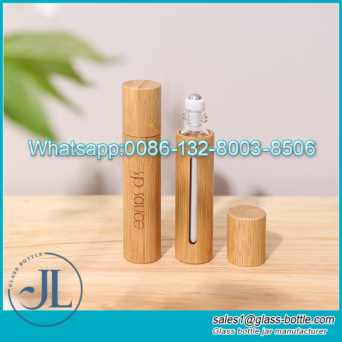 10ml Rolo de bambu em frascos para óleos essenciais com rolo de aço inoxidável e tampa de bambu