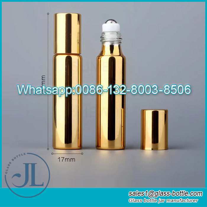 Botella de vidrio con rodillo de color dorado electrochapado UV de lujo de 10ml para aceites esenciales de perfume