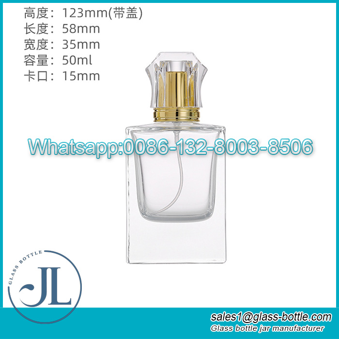 Botella de perfume de cristal cuadrada de fondo pesado de lujo de 50 ml para hombres y mujeres