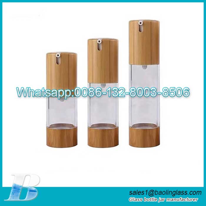 Frasco Airless Pump Press com tampa de bambu vazio 15ml 30ml 50ml