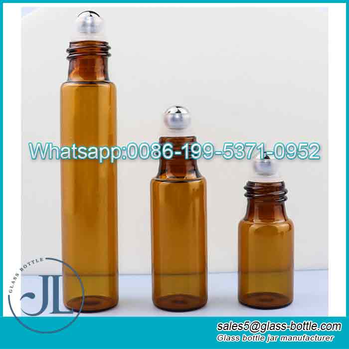 Custom 3ml 5ml 10ml amber glass roller bottle with black cap and ball