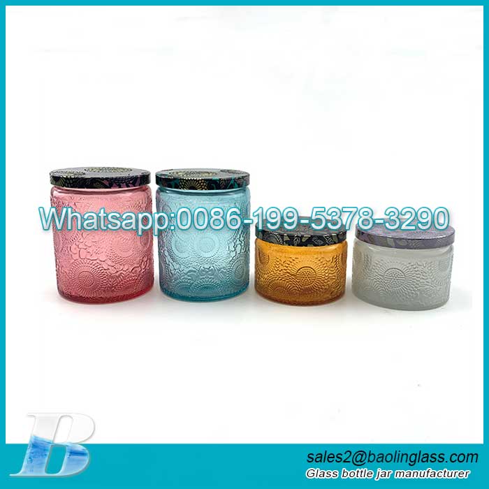 Glass Multi-color 4/6//8/18 oz glass Embossed Candle Jars With Lid