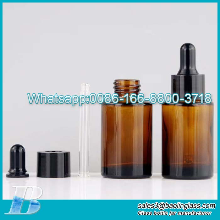 Factory spot 30ml botella de aceite esencial con gotero redondo recto marrón botella de vidrio de hombro plano