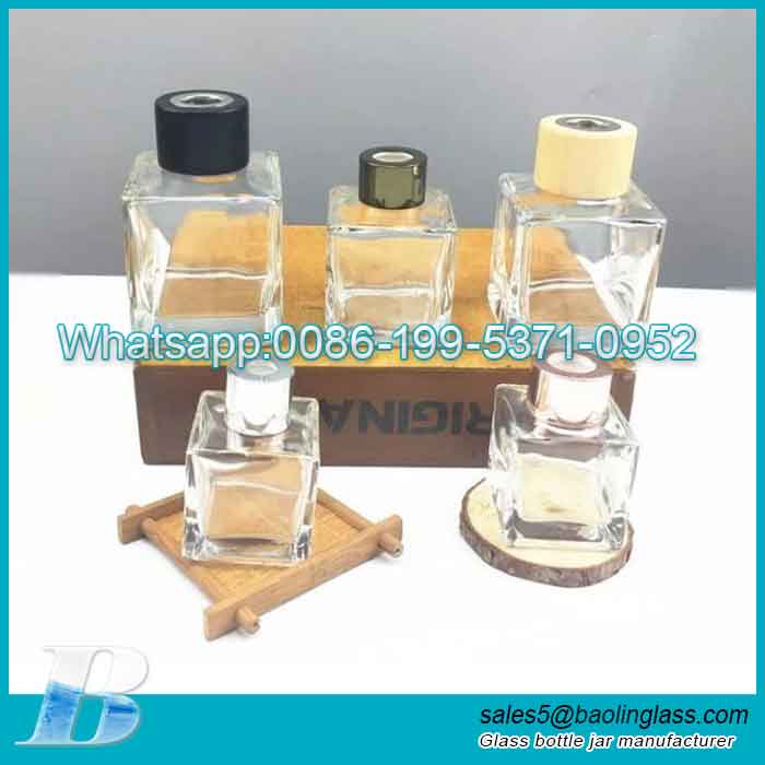 Botella de difusor de caña de aroma cuadrado de vidrio vacío transparente con tapón de rosca