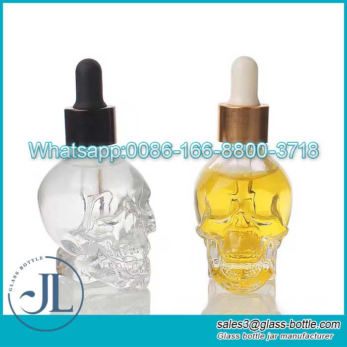 Garrafa de vidro transparente de caveira 30 ml por atacado frasco cosmético de óleo essencial de óleo essencial frasco conta-gotas