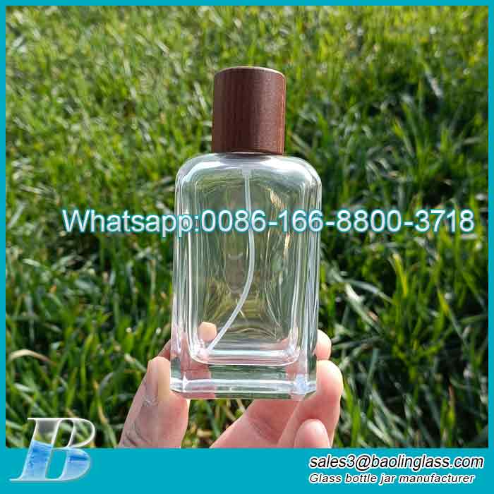 100ml Flat Square Shoulder Glass Perfume Bottle With Wooden Cap