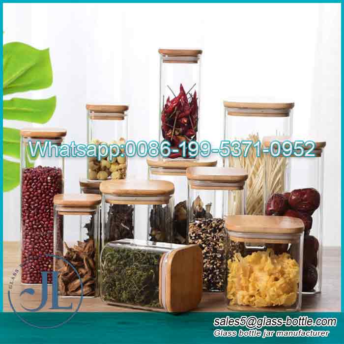 Kundenspezifische 500-2000-ml-Glas-Vorratsgläser für Lebensmittel mit Bambusdeckeln im Großhandel