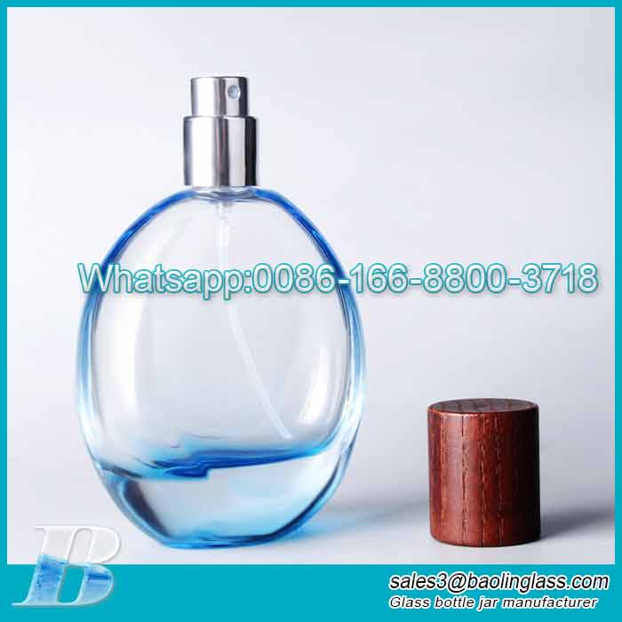 50ml bottiglia di profumo ovale in vetro con tappo in legno