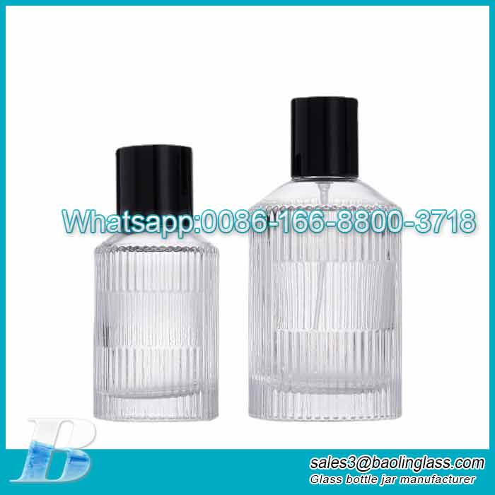 30Frasco de perfume de vidro cilíndrico com listras verticais transparente 50 ml 100 ml frasco vazio