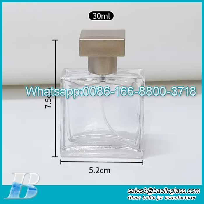 Bottiglia di profumo in vetro trasparente quadrato di alta qualità da 30 ml