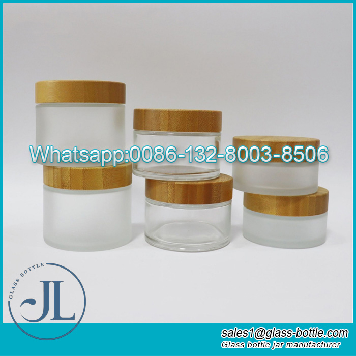 Natural bamboo lid 100g 150g 200g clear frosted glass cosmetic jar for skin care products