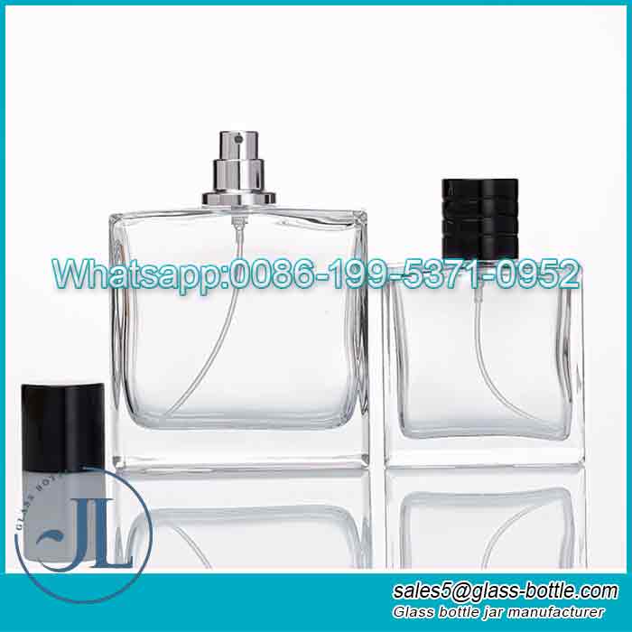 Botella de vidrio de perfume transparente cuadrada personalizada de 50 ml con bombas de pulverización de niebla fina