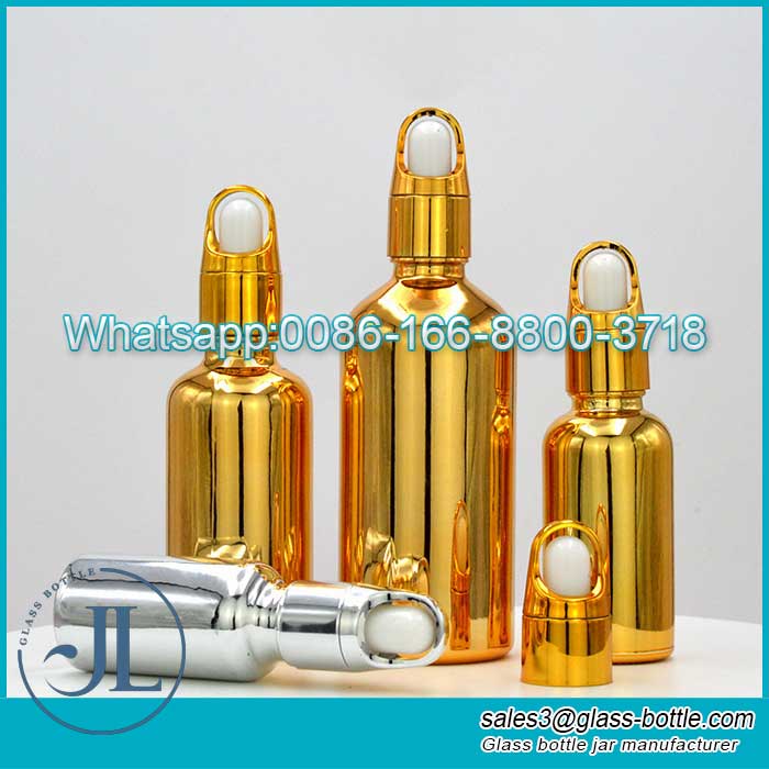 Electroplated Gold/Silver Cosmetic Dropper Essential Oil Press Bottle and Face Cream Lotion Glass Bottle with Flower Basket Lid