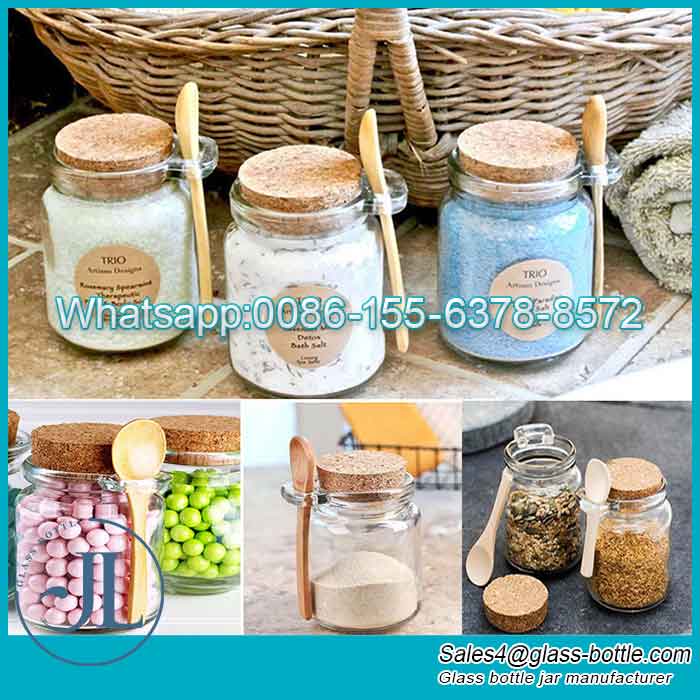 Wholesale Bath Salt Glass Bottle 250ml Cosmetic Jar 8oz Glass Bottle With Wooden Spoon And Cork Lid