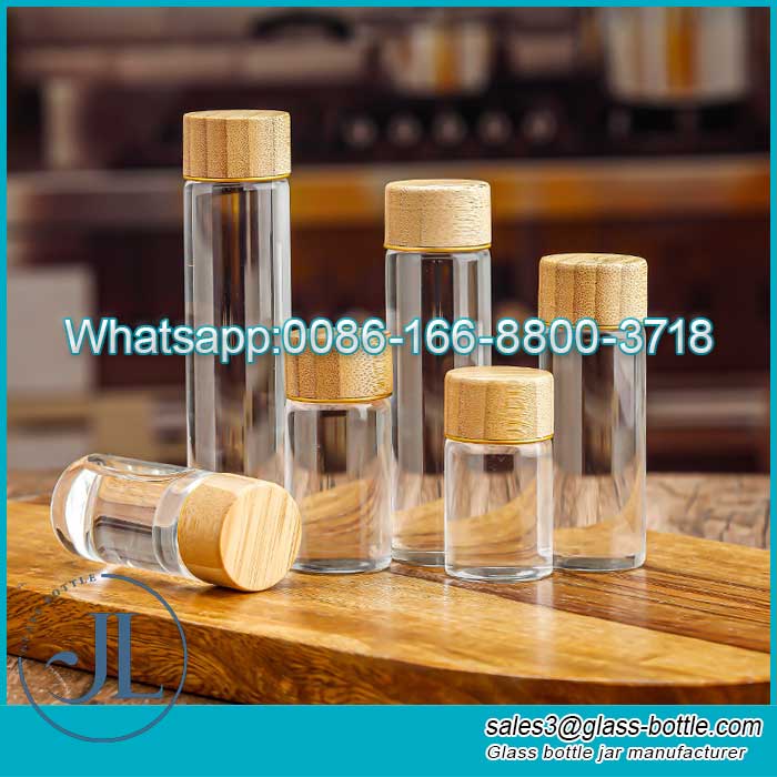 3Transparente Glasröhrenflasche mit einem Durchmesser von cm und niedrigem Borosilikatgehalt und Bambusdeckel