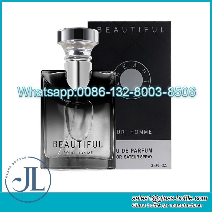 Empty luxury silver lid 100ml perfume glass bottle with box for men custom logo